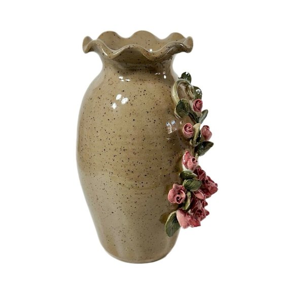 Pottery Vase Bud Studio Signed Art Glaze Brown Stoneware MCM Ruffled Stoneware - Picture 5 of 9